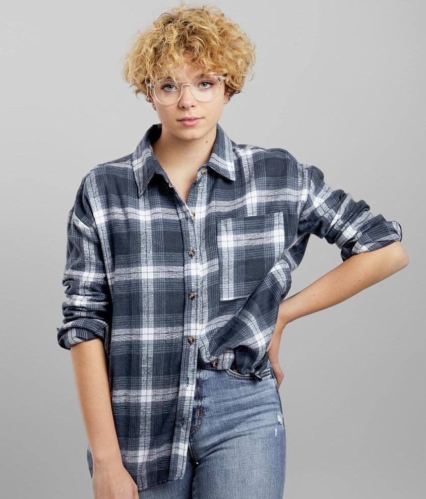 FITZ + EDDI Cropped Flannel Shirt - Women's Shirts/Blouses in Blue Grey