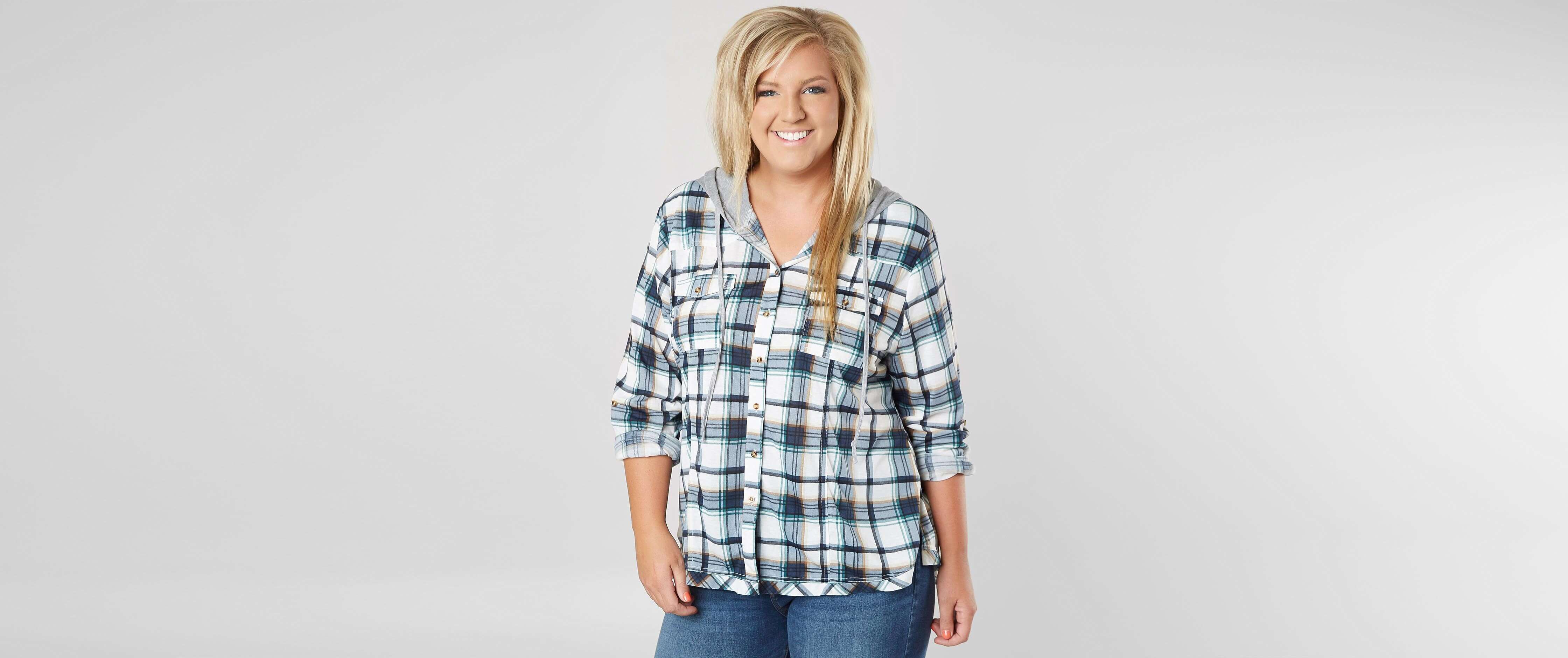 plus size hooded plaid shirt