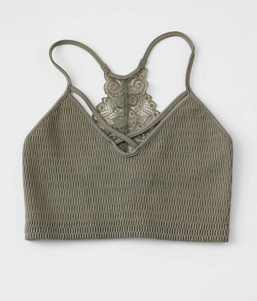 Ribbed V-Neck Lace Trim Bralette