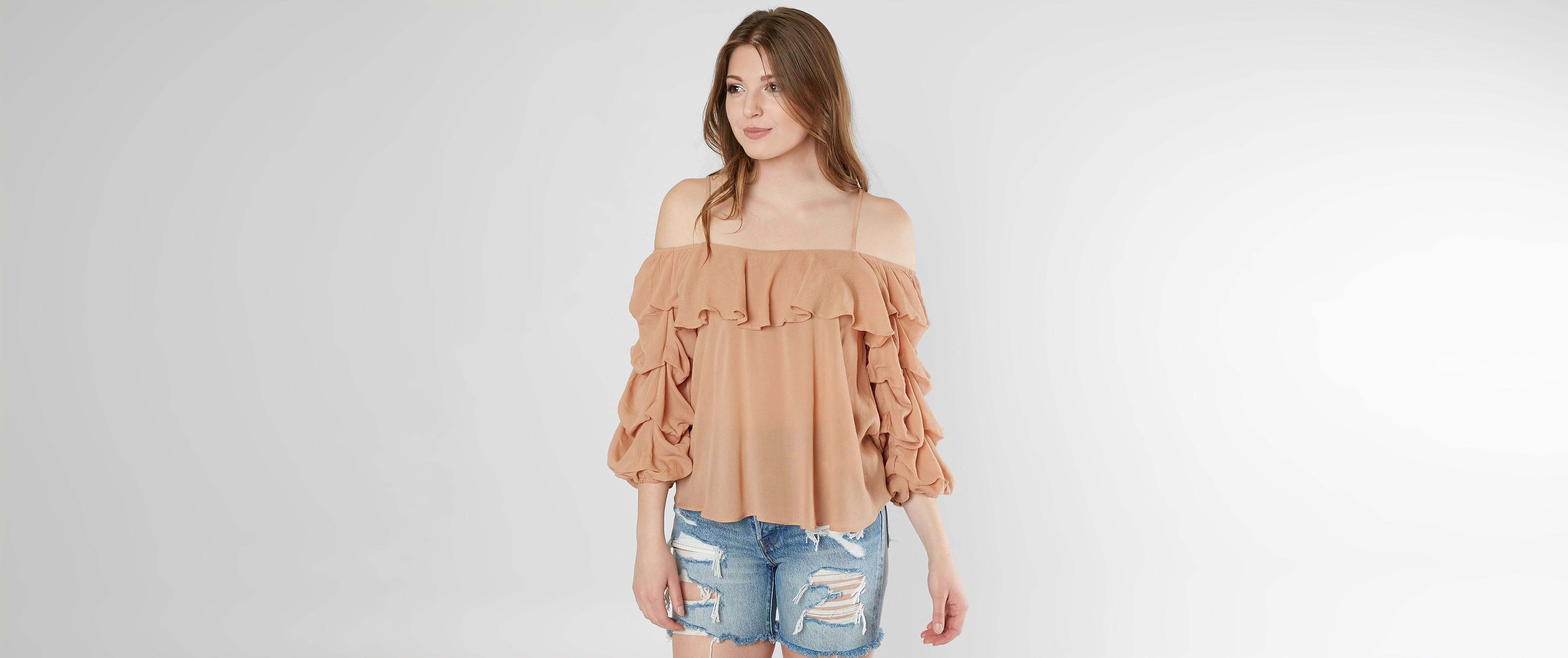Mustard Seed Cold Shoulder Ruffle Top - Women's Shirts/Blouses in Tan ...