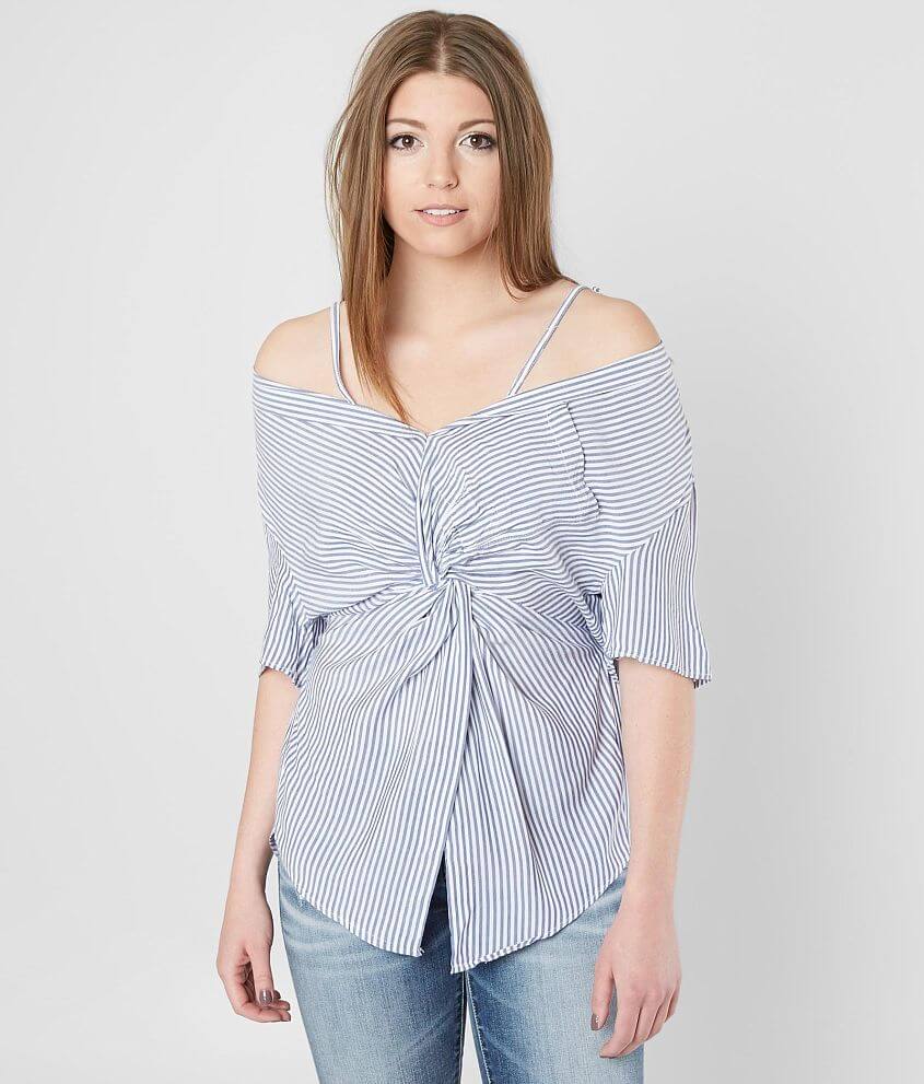 Mustard Seed Cold Shoulder Striped Top front view