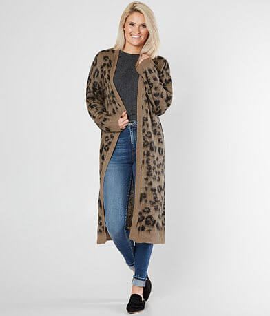 Mustard Seed Leopard Duster Cardigan Sweater full left side view