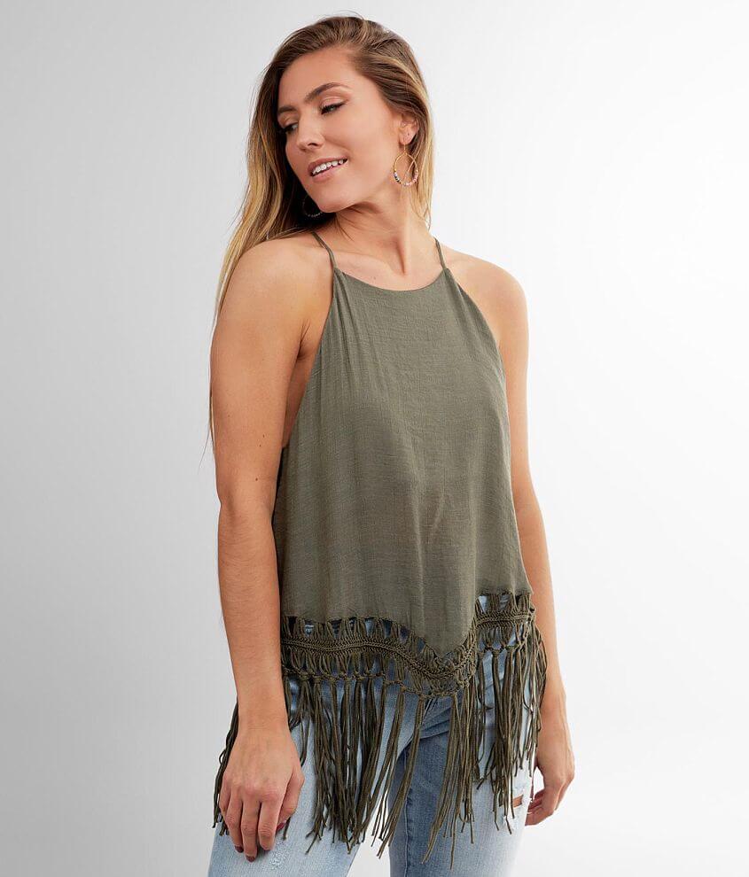 Mustard Seed Woven Crochet Fringe Tank Top front view