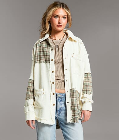 BKE Pieced Plaid Shacket front view