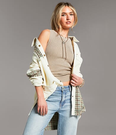 BKE Pieced Plaid Shacket front view