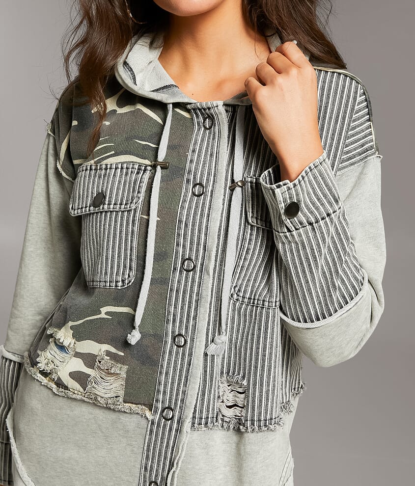 Pieced Camo Stripe Hooded Shacket