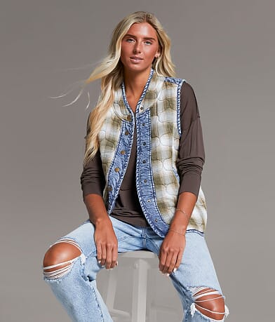 BKE Pieced Plaid Denim Vest front view