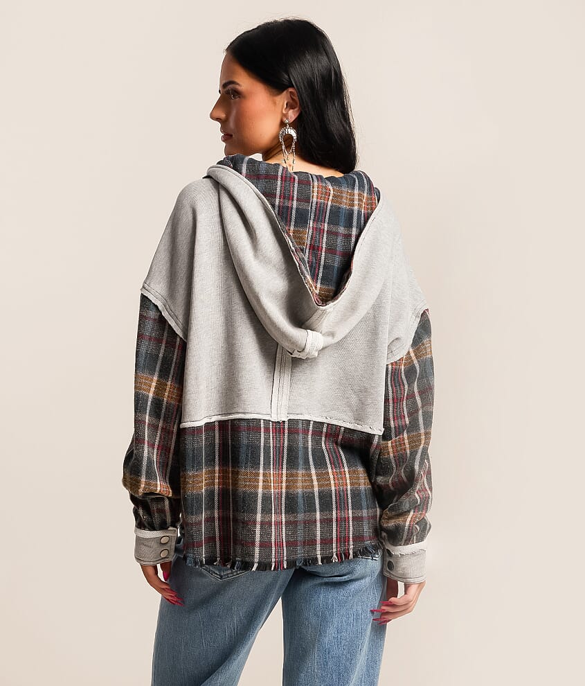 Pieced Plaid Hooded Shacket - thumbnail 3
