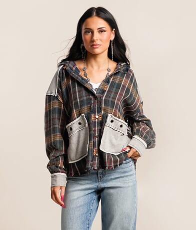 Pieced Plaid Hooded Shacket