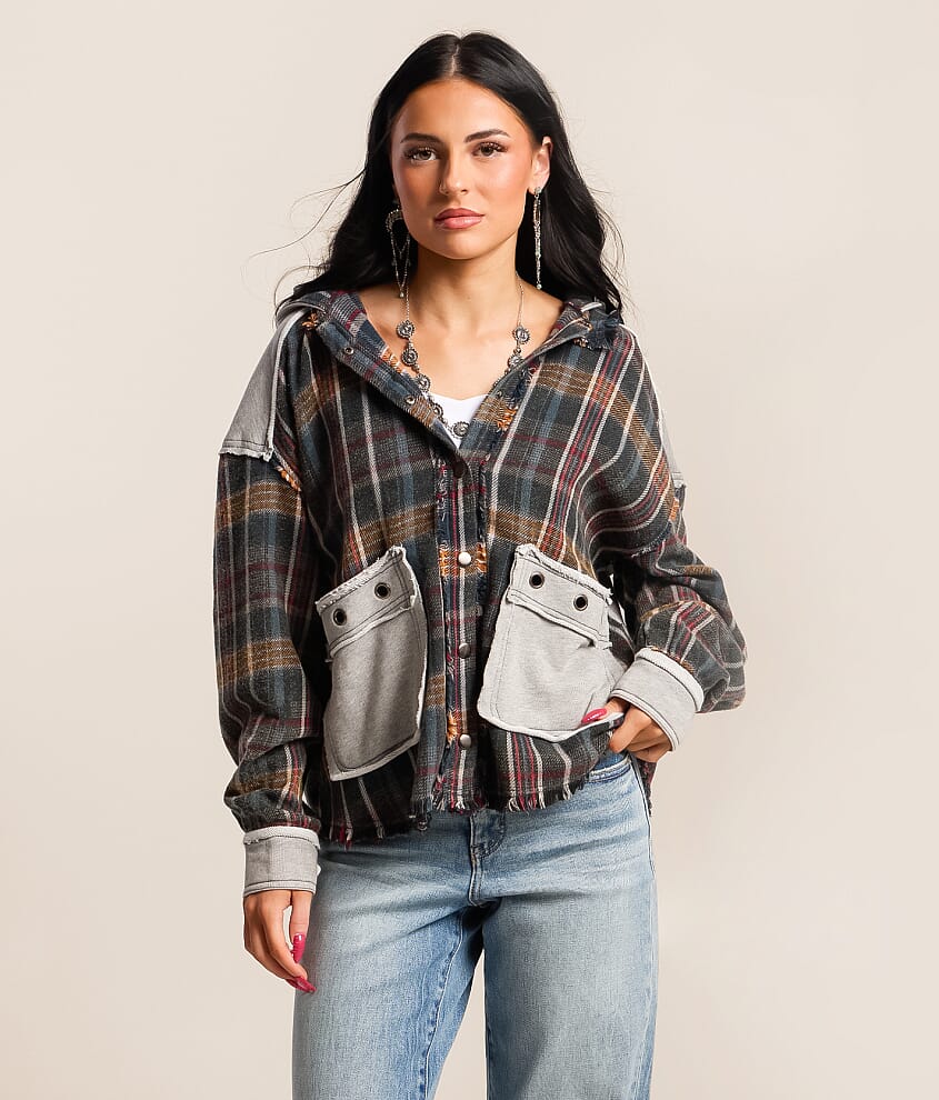 Pieced Plaid Hooded Shacket
