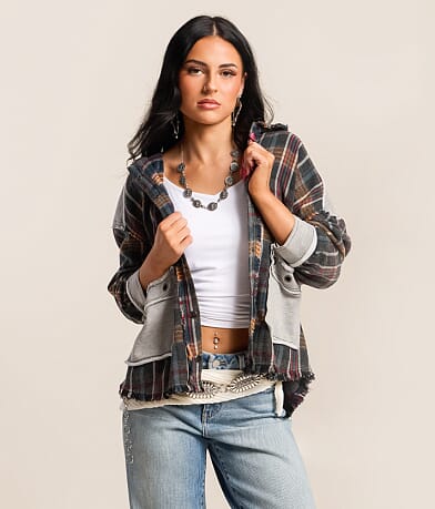 Pieced Plaid Hooded Shacket thumbnail 2