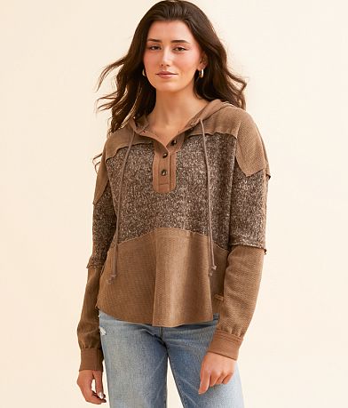 BKE Pieced Hooded Henley Pullover front view