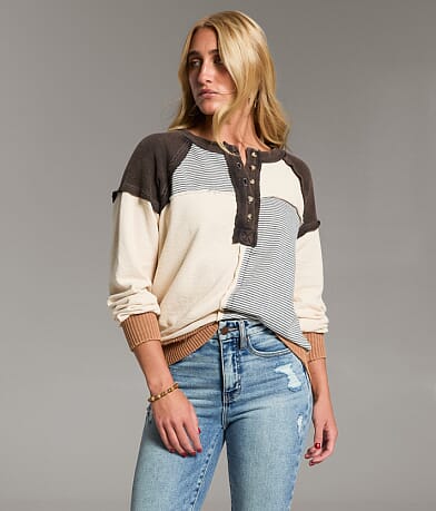 BKE Pieced Stripe Oversized Henley Pullover front view