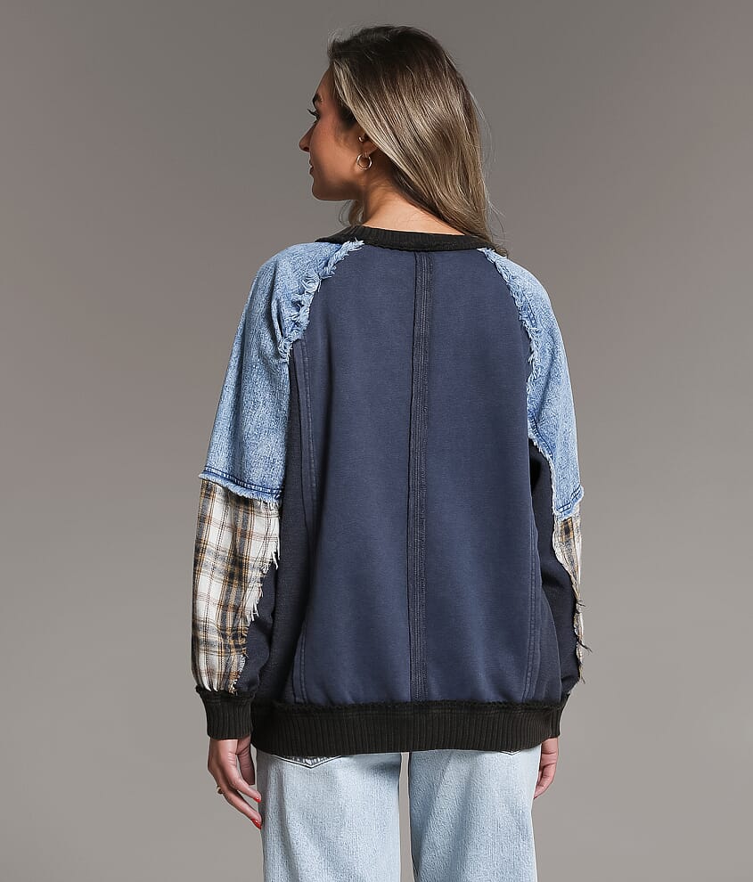 Pieced Denim Washed Pullover