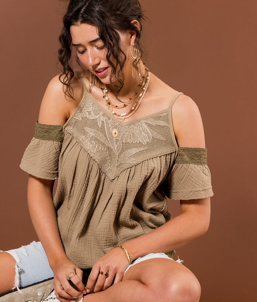 Embroidered Cold Shoulder Top