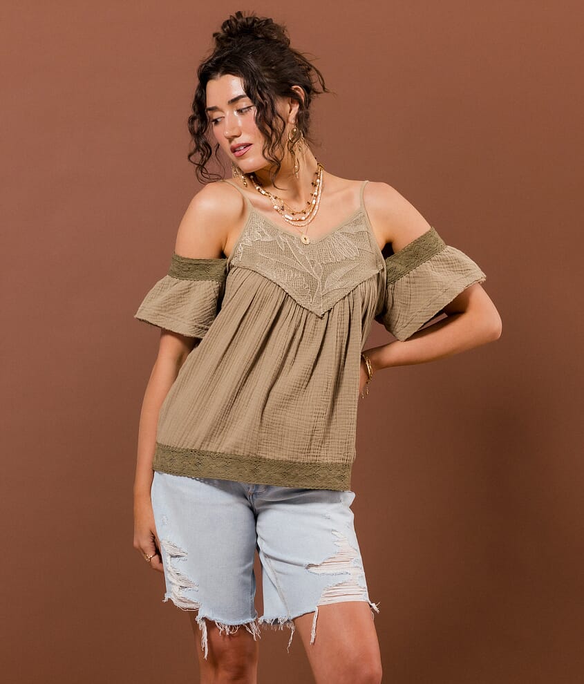 Embroidered Cold Shoulder Top - thumbnail 2