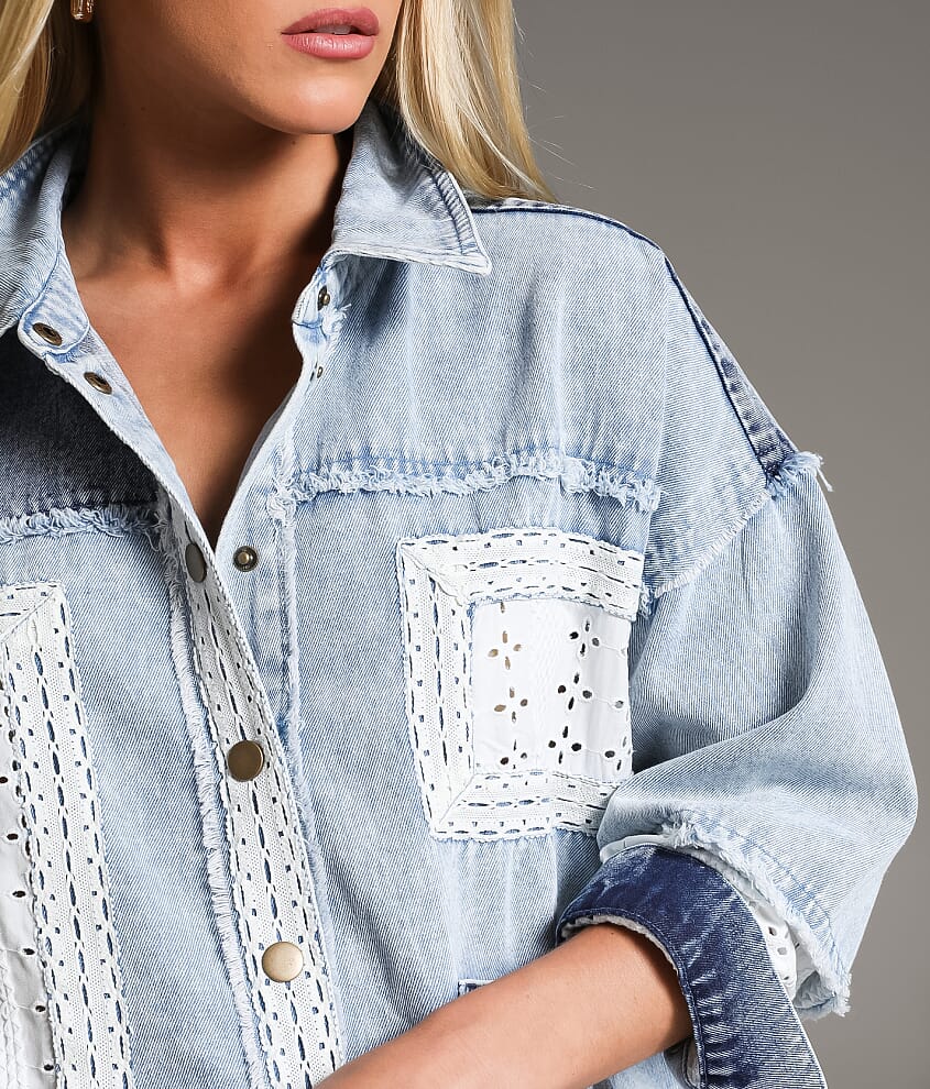 Pieced Crochet & Denim Oversized Shacket
