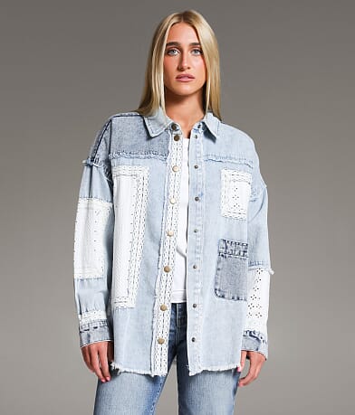 BKE Pieced Crochet & Denim Oversized Shacket front view