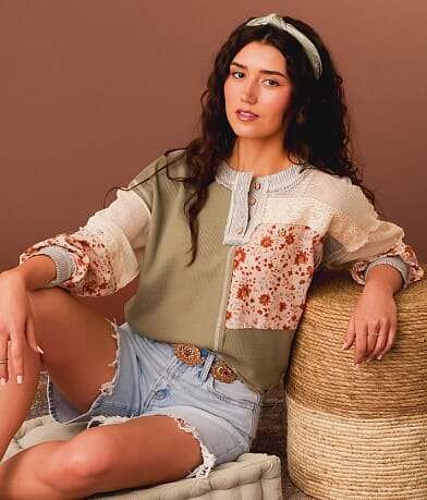 Gimmicks Pieced Floral Boxy Henley front view