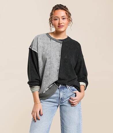 Gilded Intent Pieced Raw Edge Oversized Pullover front view