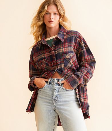 BKE Washed Flannel Boyfriend Shirt front view