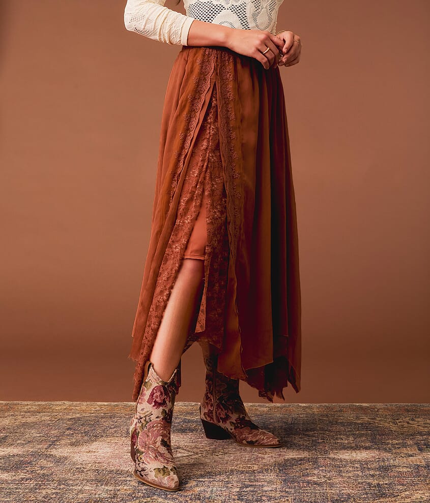 Textured Chiffon Lace Trim Midi Skirt