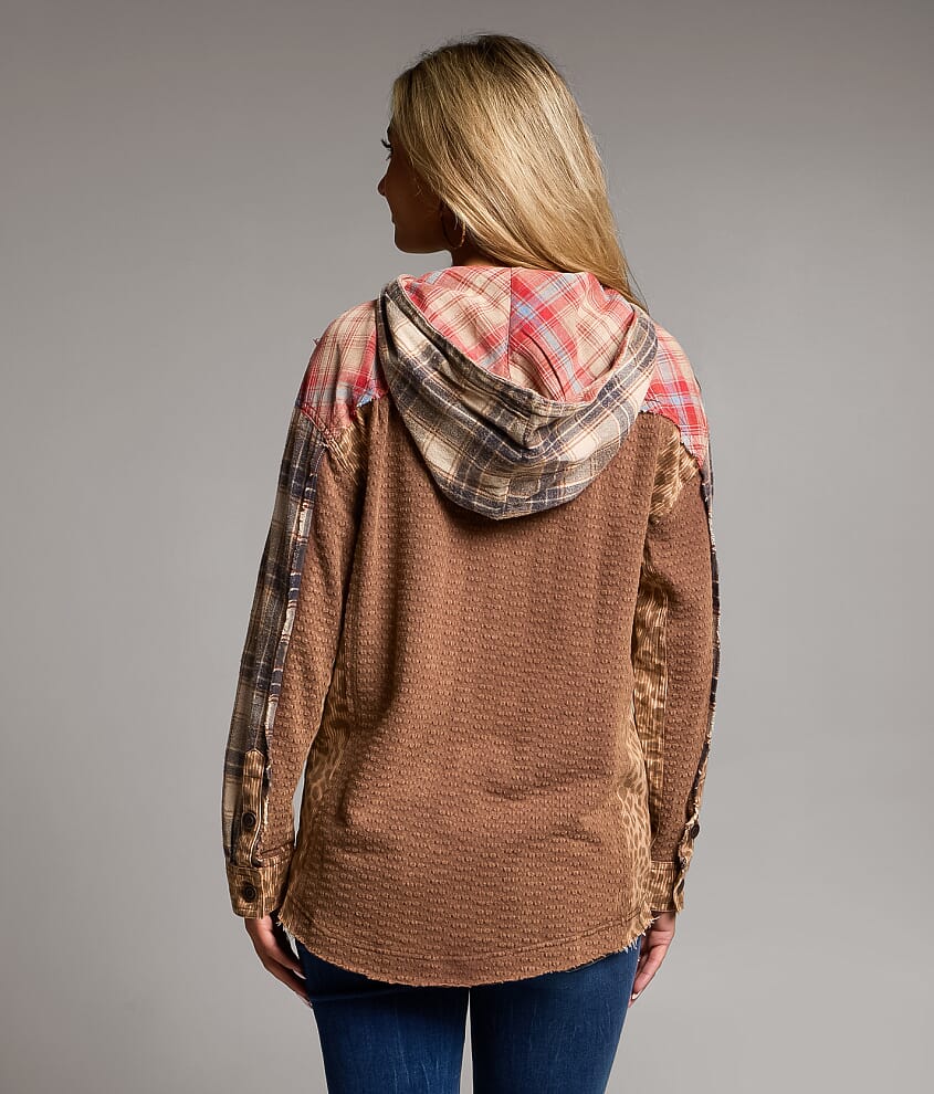 Pieced Plaid Hooded Shacket - thumbnail 3