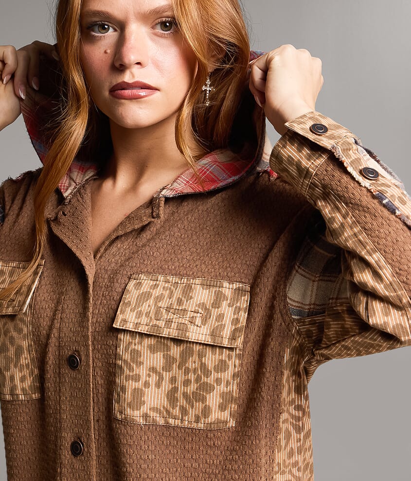 Pieced Plaid Hooded Shacket