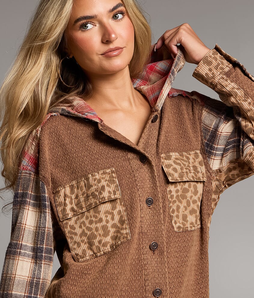 Pieced Plaid Hooded Shacket - thumbnail 4