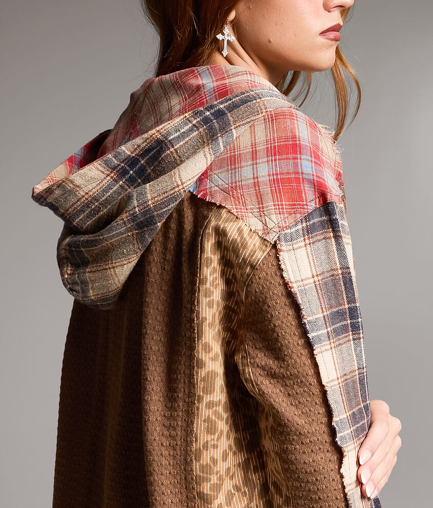 Pieced Plaid Hooded Shacket