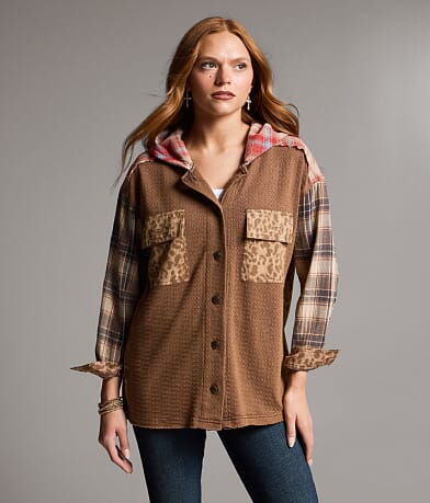 Pieced Plaid Hooded Shacket