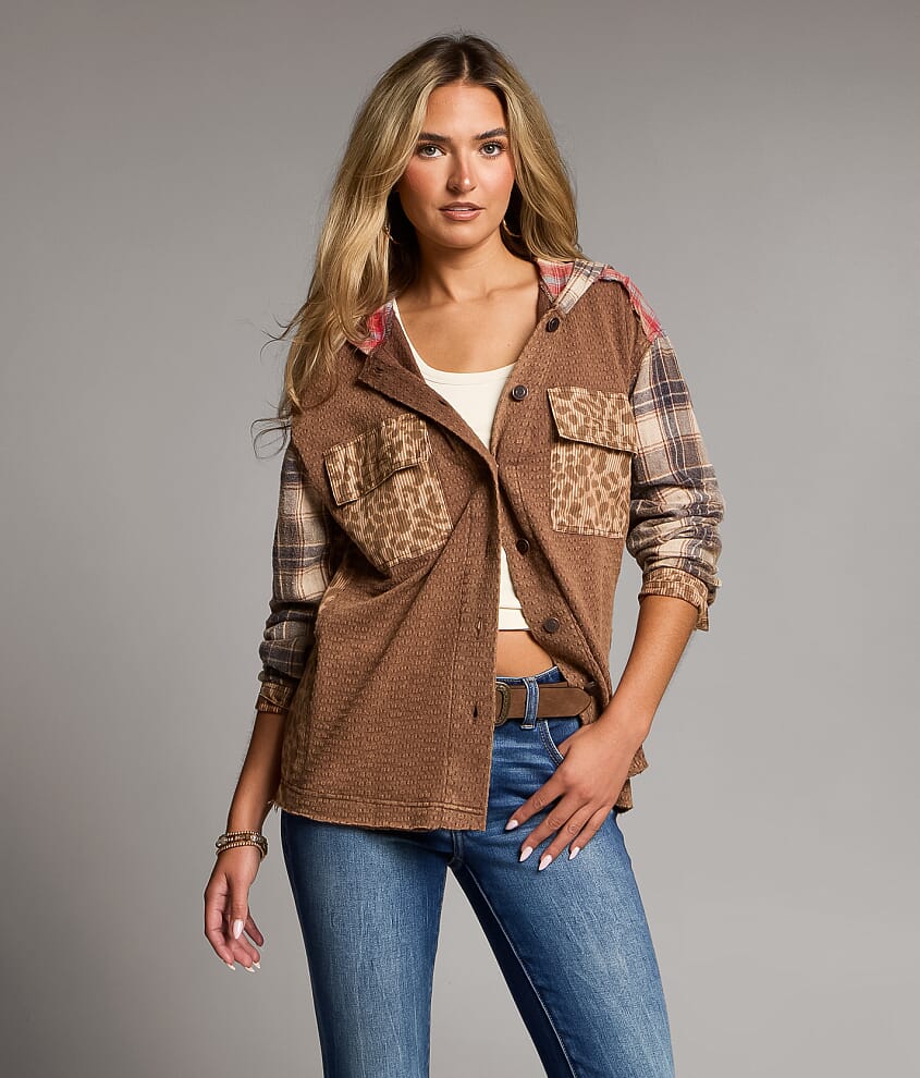 Pieced Plaid Hooded Shacket