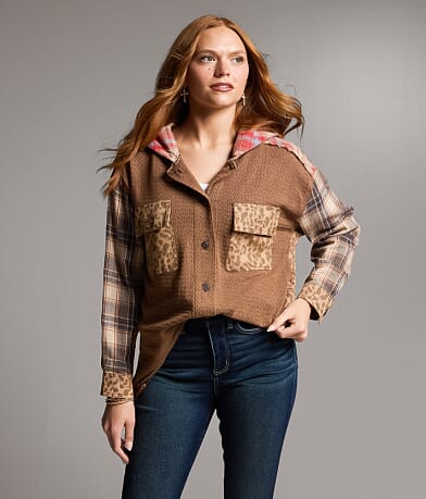 Pieced Plaid Hooded Shacket thumbnail 2