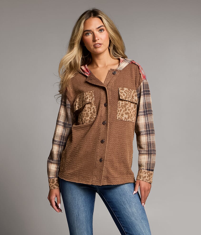 Pieced Plaid Hooded Shacket - thumbnail 2