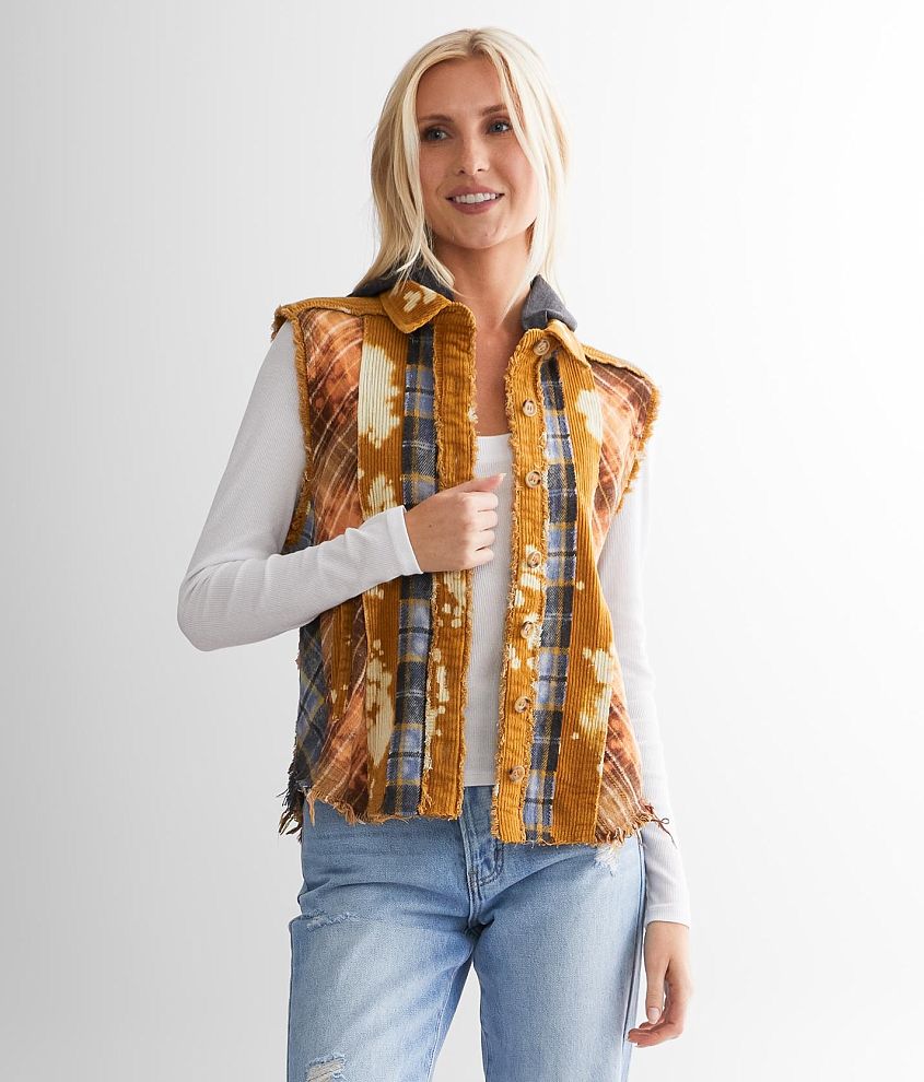 BKE Pieced Plaid & Corduroy Vest Women's Coats/Jackets in Mustard Multi Buckle