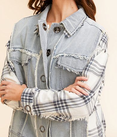 Oli &amp; Hali Plaid Pieced Denim Jacket MISC_DETAIL_1