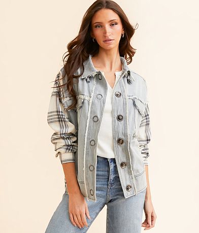 Oli & Hali Plaid Pieced Denim Jacket front view