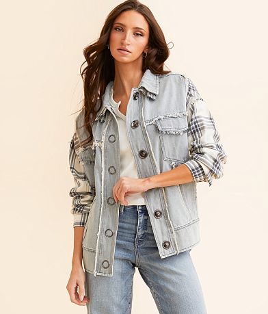 Oli &amp; Hali Plaid Pieced Denim Jacket FULL_LEFT_SIDE