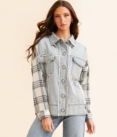 Oli &amp; Hali Plaid Pieced Denim Jacket FULL_RIGHT_SIDE