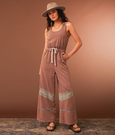 Gimmicks Washed Crochet Inset Wide Leg Jumpsuit front view
