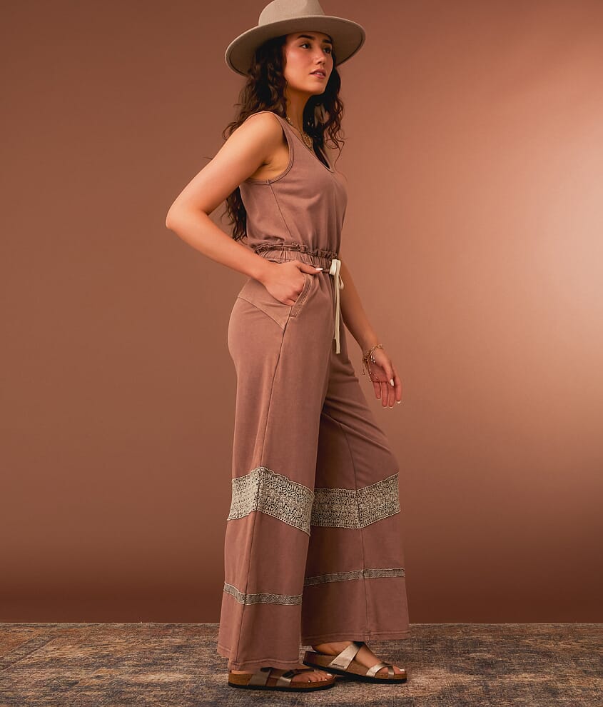 Washed Crochet Inset Wide Leg Jumpsuit
