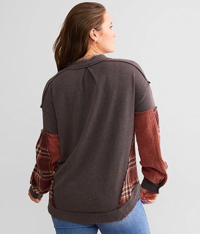 BKE Pieced Plaid Thermal Henley BACK