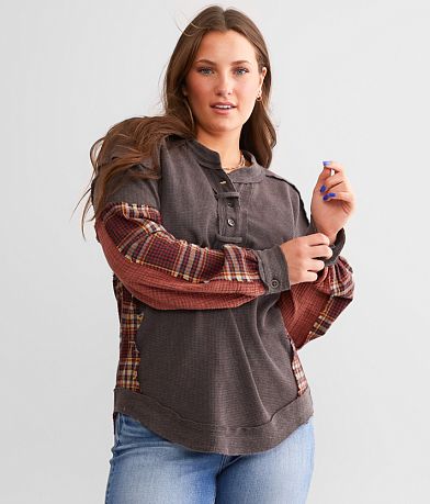 BKE Pieced Plaid Thermal Henley FULL_RIGHT_SIDE