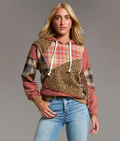 BKE Pieced Cheetah & Plaid Hoodie front view