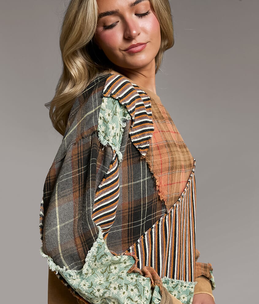 Pieced Plaid & Floral Pullover