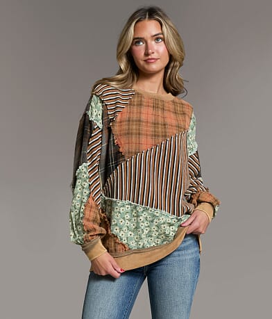 BKE Pieced Plaid & Floral Pullover front view