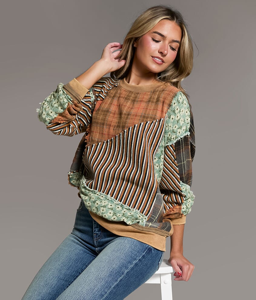 Pieced Plaid & Floral Pullover