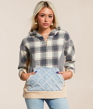 BKE Pieced Plaid Hooded Henley Pullover front view
