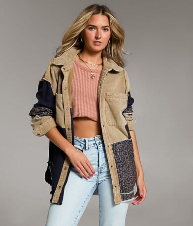 BKE Pieced Floral Shacket front view