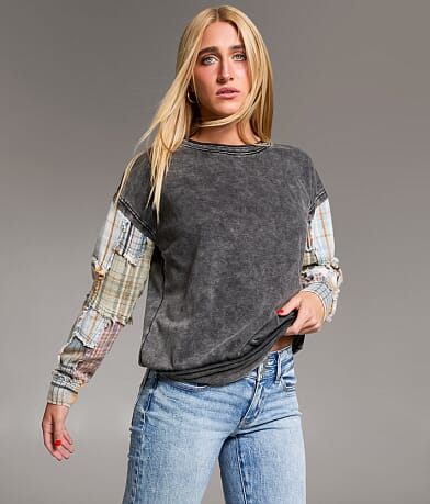 BKE Pieced Plaid Pullover front view